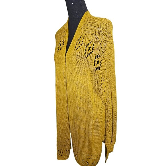 Wooden Ships Paola Buendia Mustard Yellow Open Knit Light Cardigan Sweater M/L - Picture 4 of 12